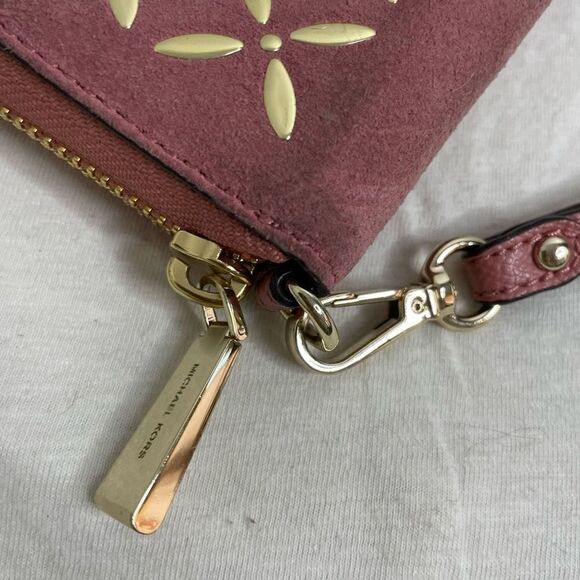 Michael Kors Large Zip Around Suede Wallet Rose Pink Gold Detail Clutch Case - Picture 3 of 10
